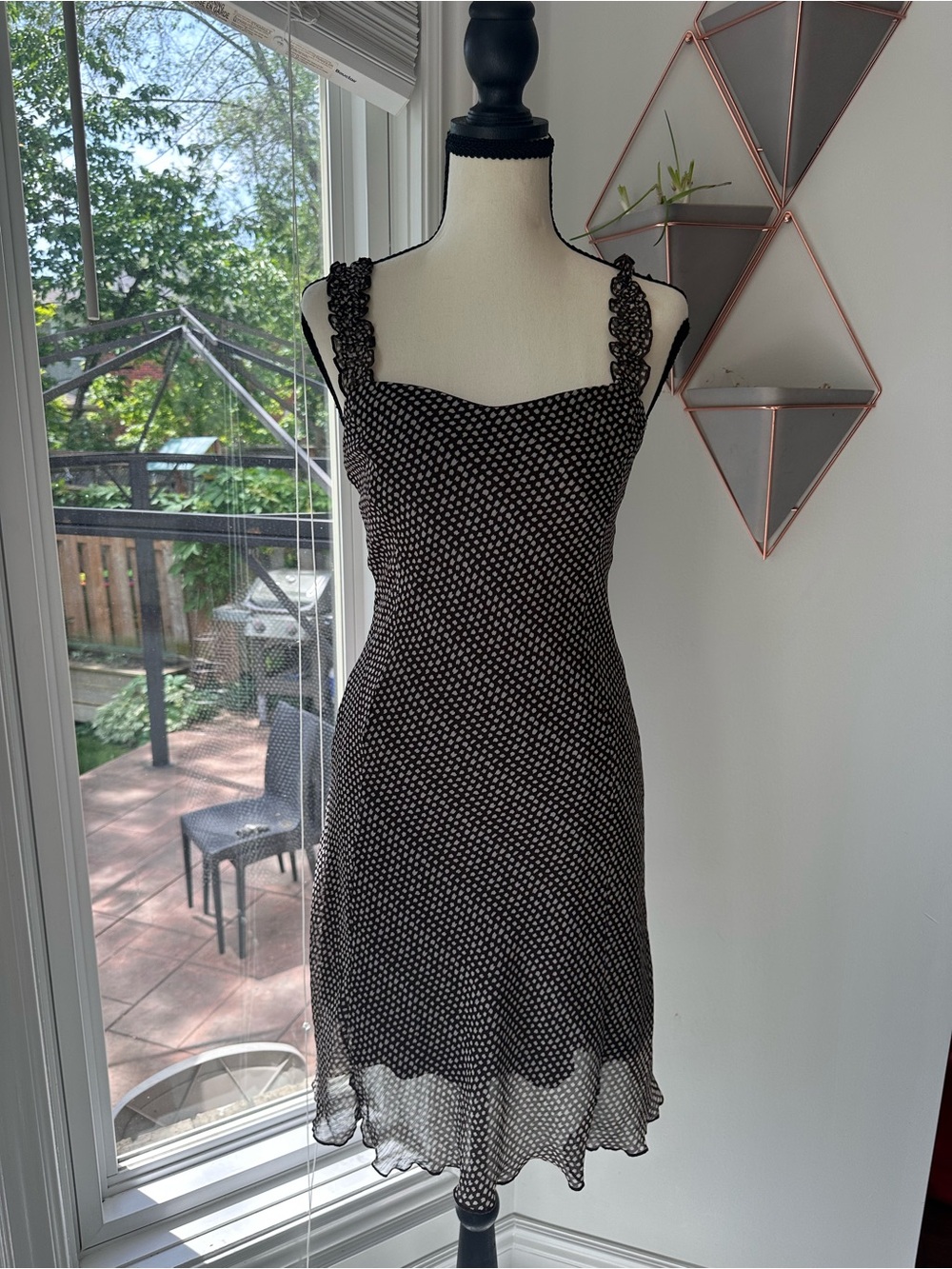 VINTAGE Mandee Bias Cut Brown Polka Dot Sleeveless Dress Lace Organza Size 4 - Picture 10 of 10